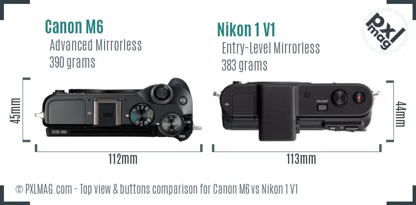 Canon M6 vs Nikon 1 V1 top view buttons comparison