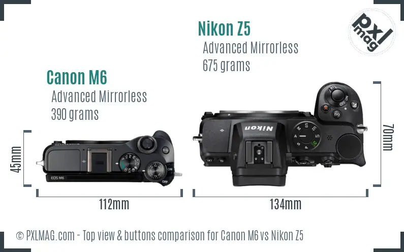 Canon M6 vs Nikon Z5 top view buttons comparison