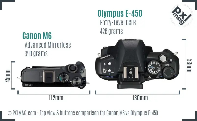Canon M6 vs Olympus E-450 top view buttons comparison