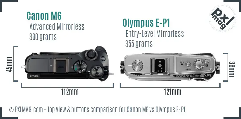 Canon M6 vs Olympus E-P1 top view buttons comparison Canon M6 vs Olympus E-P1 top view buttons comparison