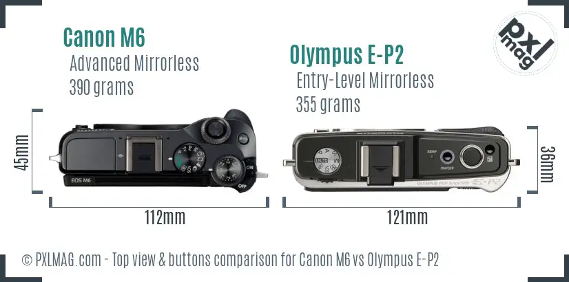 Canon M6 vs Olympus E-P2 top view buttons comparison