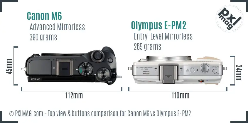 Canon M6 vs Olympus E-PM2 top view buttons comparison