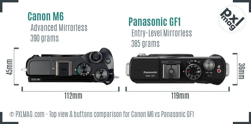 Canon M6 vs Panasonic GF1 top view buttons comparison