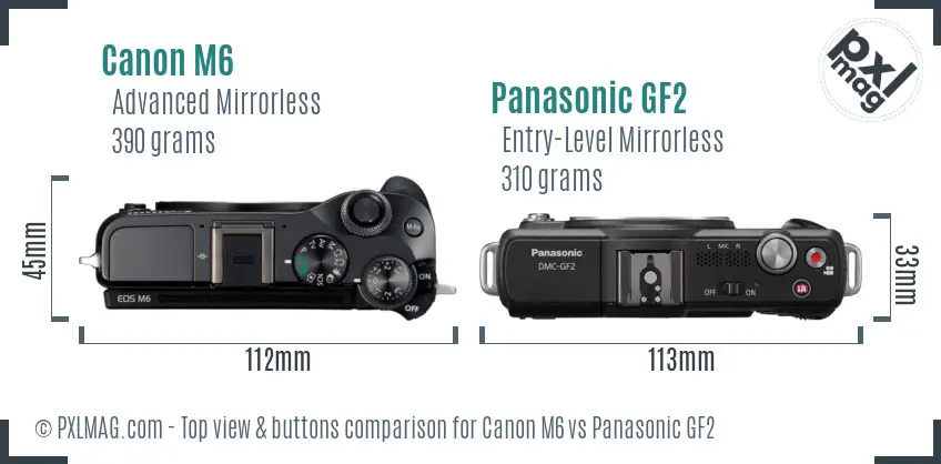 Canon M6 vs Panasonic GF2 top view buttons comparison