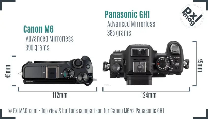 Canon M6 vs Panasonic GH1 top view buttons comparison