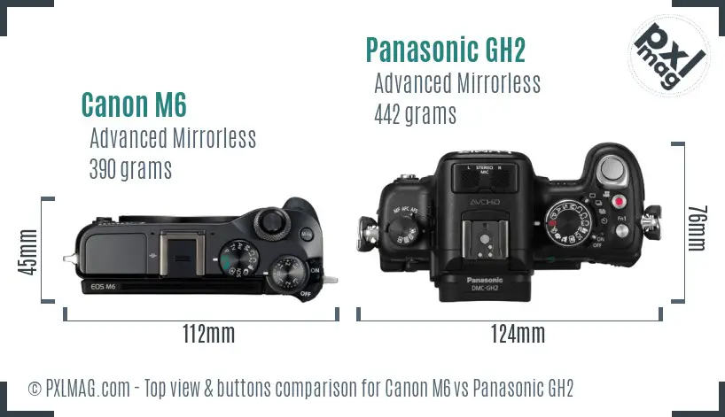 Canon M6 vs Panasonic GH2 top view buttons comparison