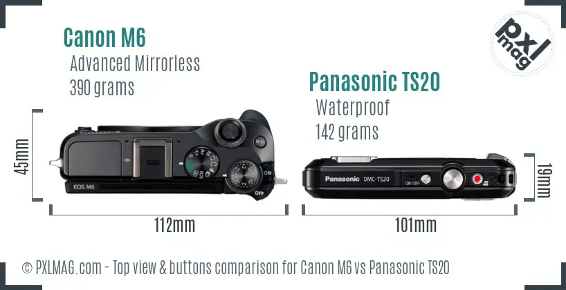 Canon M6 vs Panasonic TS20 top view buttons comparison