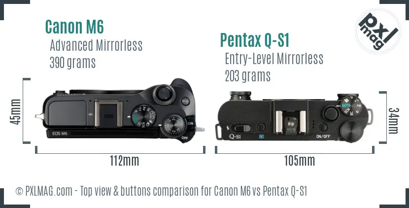 Canon M6 vs Pentax Q-S1 top view buttons comparison