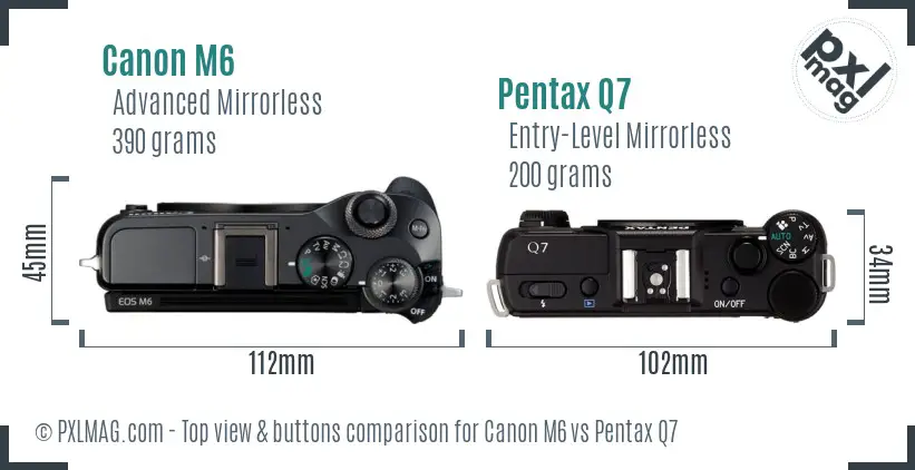 Canon M6 vs Pentax Q7 top view buttons comparison