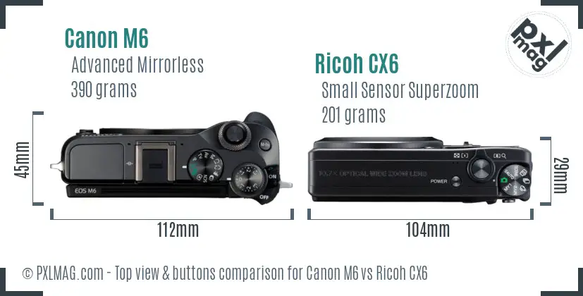 Canon M6 vs Ricoh CX6 top view buttons comparison
