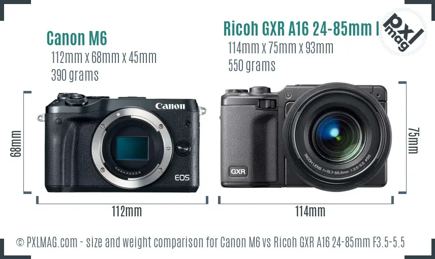 Canon M6 vs Ricoh GXR A16 24-85mm F3.5-5.5 size comparison
