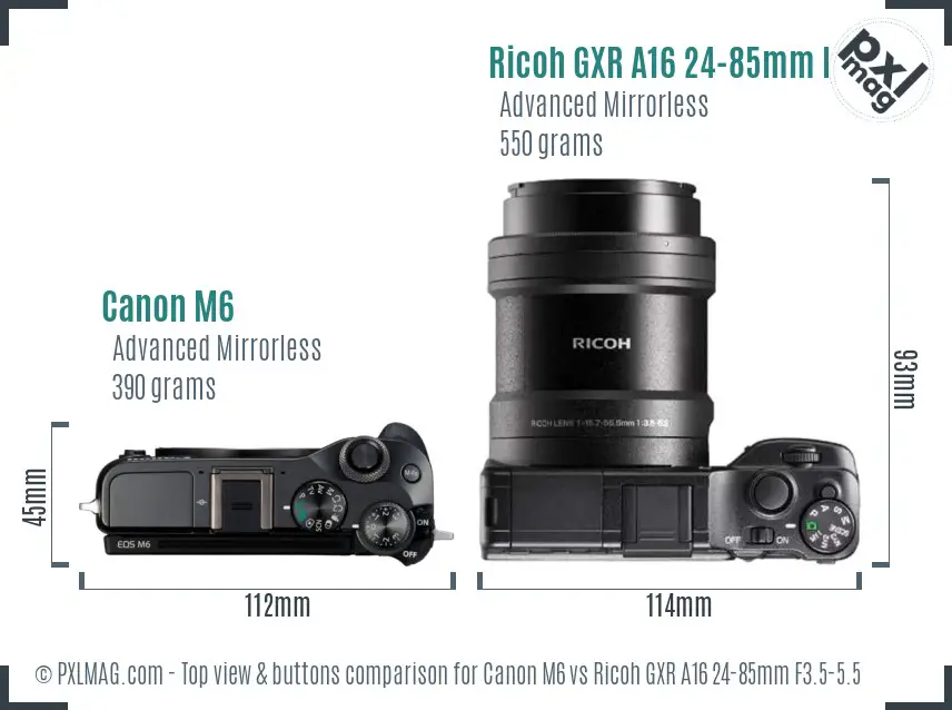 Canon M6 vs Ricoh GXR A16 24-85mm F3.5-5.5 top view buttons comparison