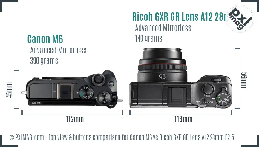 Canon M6 vs Ricoh GXR GR Lens A12 28mm F2.5 top view buttons comparison
