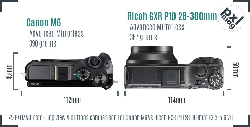 Canon M6 vs Ricoh GXR P10 28-300mm F3.5-5.6 VC top view buttons comparison Canon M6 vs Ricoh GXR P10 28-300mm F3.5-5.6 VC top view buttons comparison