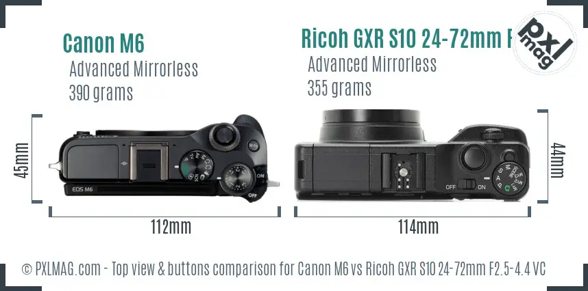 Canon M6 vs Ricoh GXR S10 24-72mm F2.5-4.4 VC top view buttons comparison