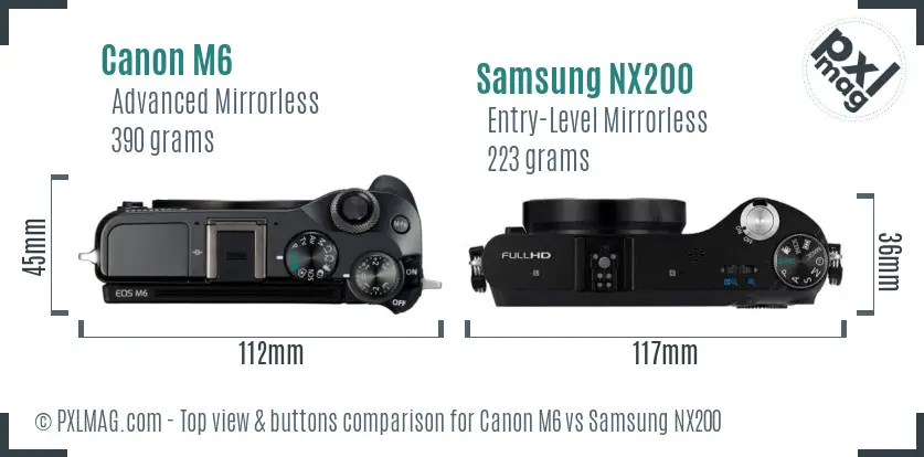 Canon M6 vs Samsung NX200 top view buttons comparison