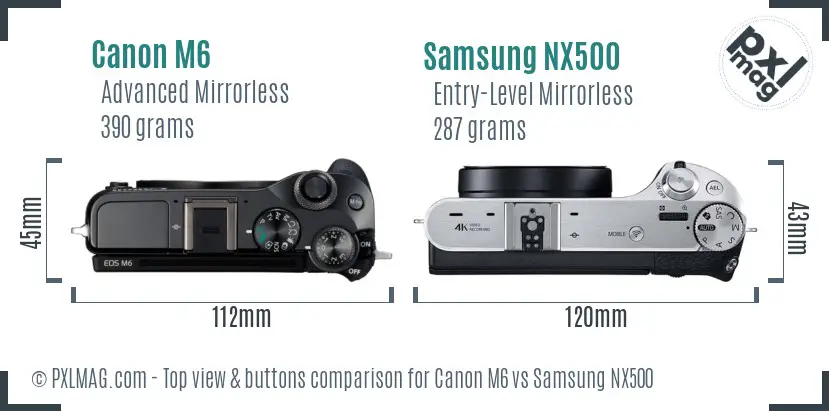 Canon M6 vs Samsung NX500 top view buttons comparison