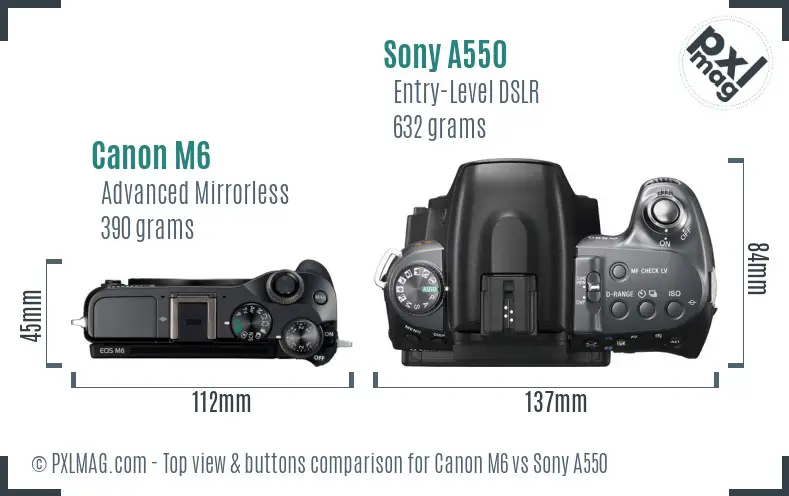 Canon M6 vs Sony A550 top view buttons comparison