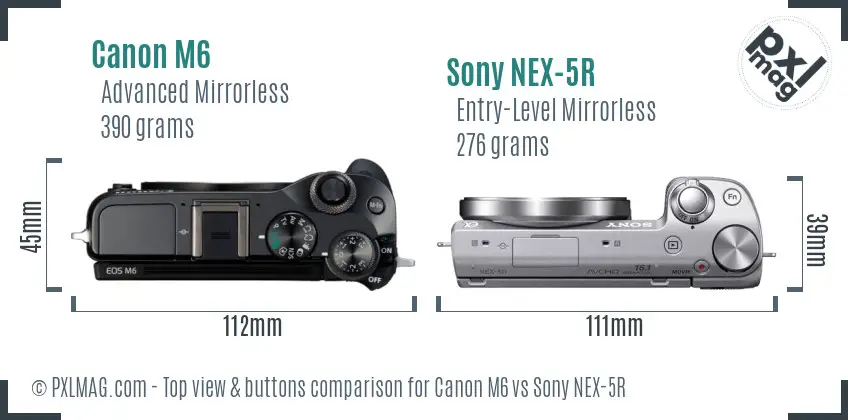 Canon M6 vs Sony NEX-5R top view buttons comparison Canon M6 vs Sony NEX-5R top view buttons comparison