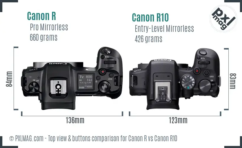 Canon R vs Canon R10 top view buttons comparison