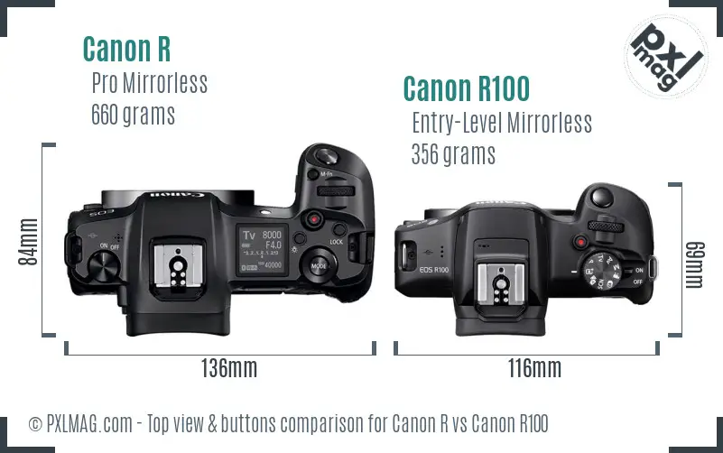 Canon R vs Canon R100 top view buttons comparison
