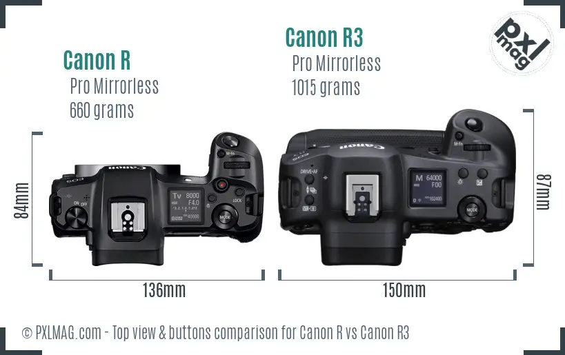 Canon R vs Canon R3 top view buttons comparison