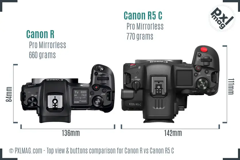 Canon R vs Canon R5 C top view buttons comparison