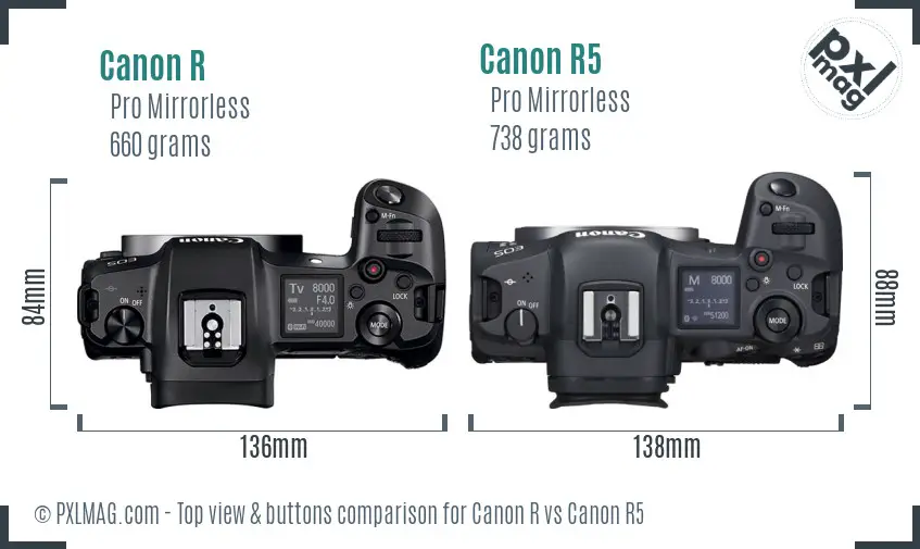 Canon R vs Canon R5 top view buttons comparison
