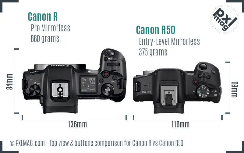 Canon R vs Canon R50 top view buttons comparison