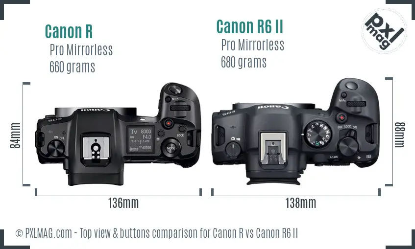 Canon R vs Canon R6 II top view buttons comparison