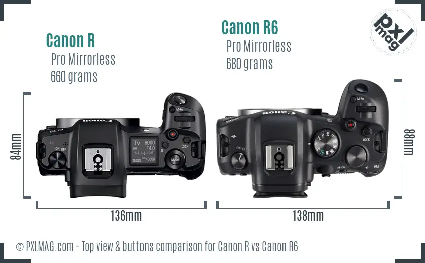 Canon R vs Canon R6 top view buttons comparison
