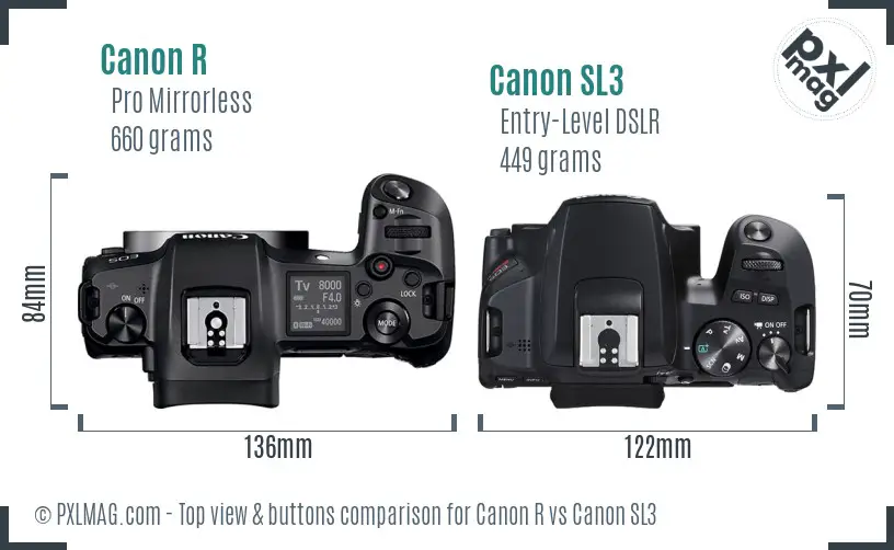 Canon R vs Canon SL3 top view buttons comparison Canon R vs Canon SL3 top view buttons comparison