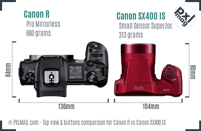 Canon R vs Canon SX400 IS top view buttons comparison