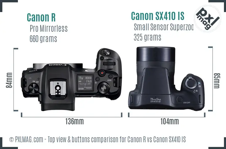 Canon R vs Canon SX410 IS top view buttons comparison