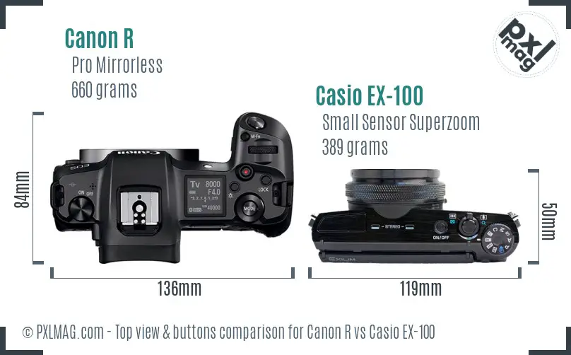 Canon R vs Casio EX-100 top view buttons comparison