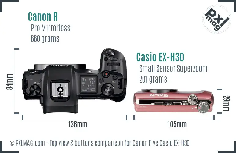 Canon R vs Casio EX-H30 top view buttons comparison