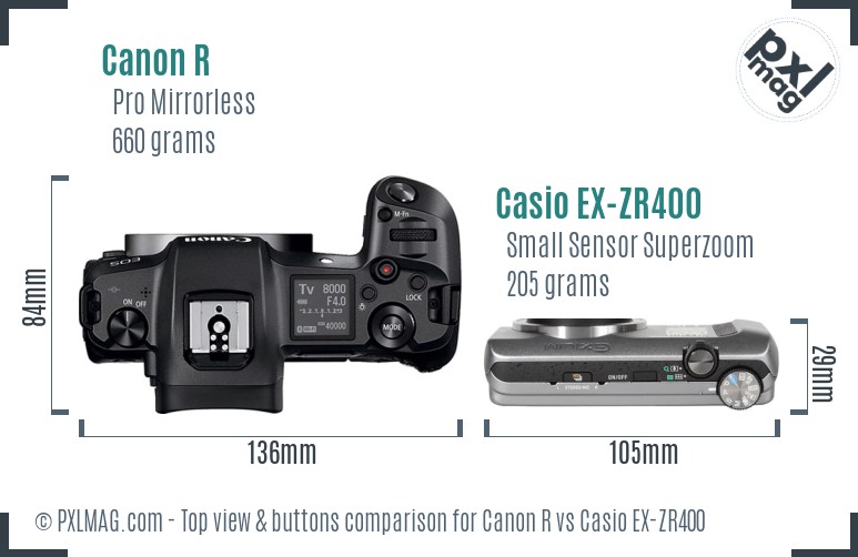 Canon R vs Casio EX-ZR400 top view buttons comparison
