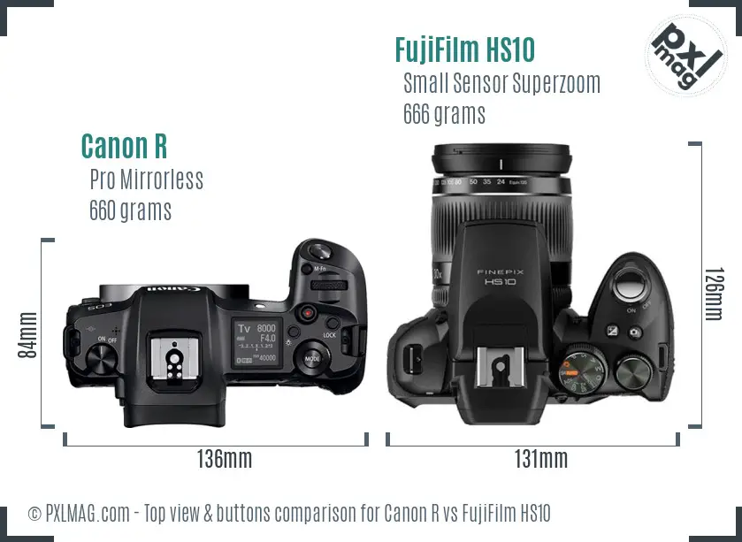 Canon R vs FujiFilm HS10 top view buttons comparison