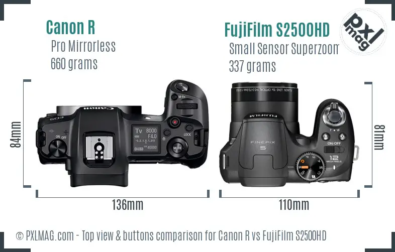 Canon R vs FujiFilm S2500HD top view buttons comparison Canon R vs FujiFilm S2500HD top view buttons comparison