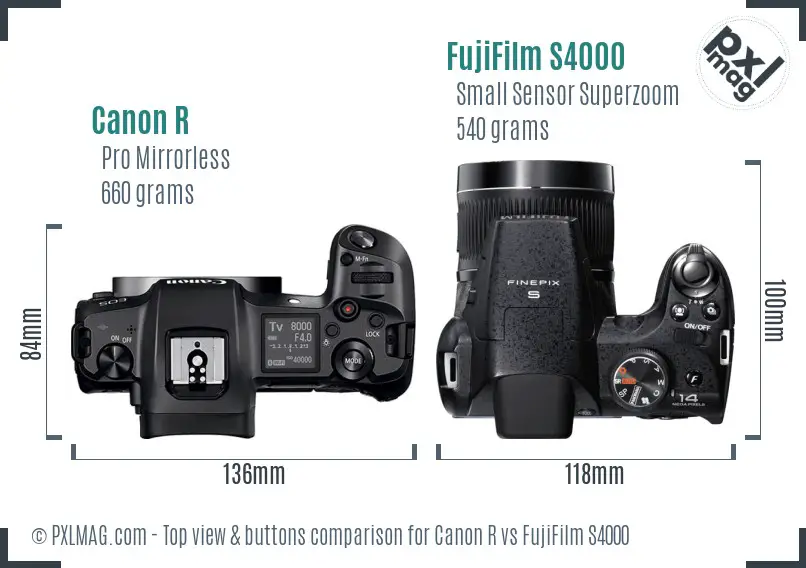 Canon R vs FujiFilm S4000 top view buttons comparison