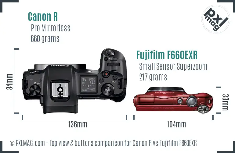 Canon R vs Fujifilm F660EXR top view buttons comparison Canon R vs Fujifilm F660EXR top view buttons comparison