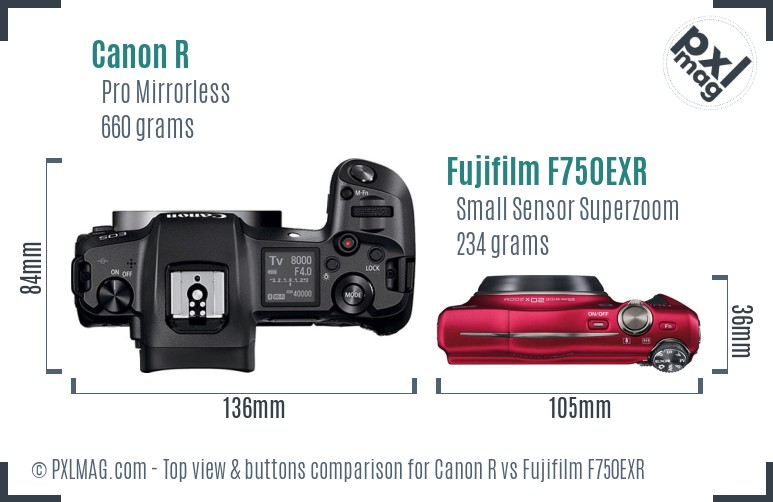 Canon R vs Fujifilm F750EXR top view buttons comparison