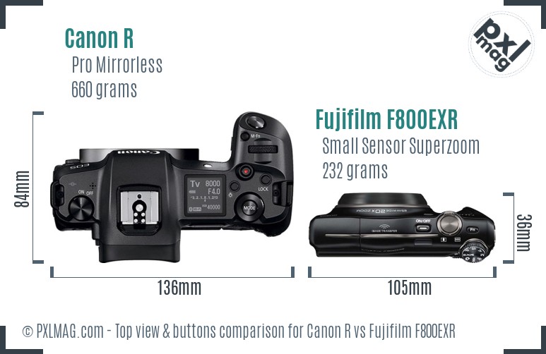 Canon R vs Fujifilm F800EXR top view buttons comparison