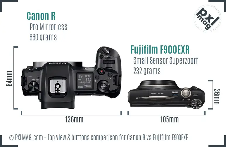 Canon R vs Fujifilm F900EXR top view buttons comparison