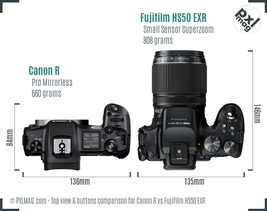Canon R vs Fujifilm HS50 EXR top view buttons comparison Canon R vs Fujifilm HS50 EXR top view buttons comparison