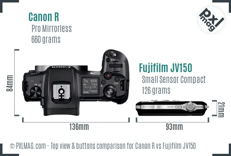 Canon R vs Fujifilm JV150 top view buttons comparison