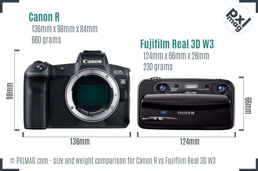 Canon R vs Fujifilm Real 3D W3 size comparison