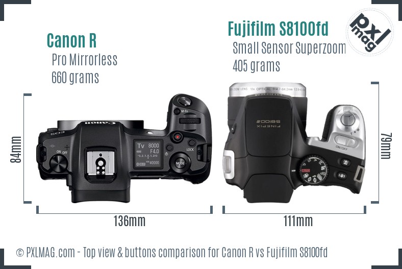 Canon R vs Fujifilm S8100fd top view buttons comparison