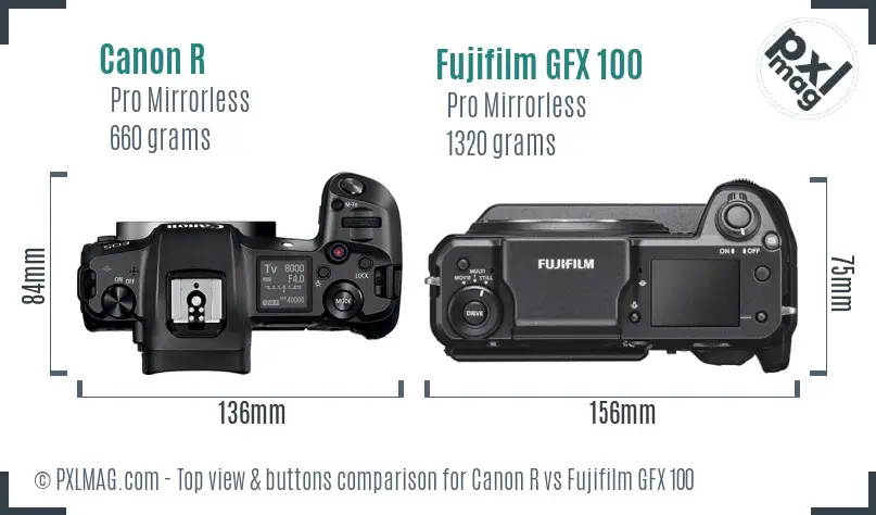 Canon R vs Fujifilm GFX 100 top view buttons comparison