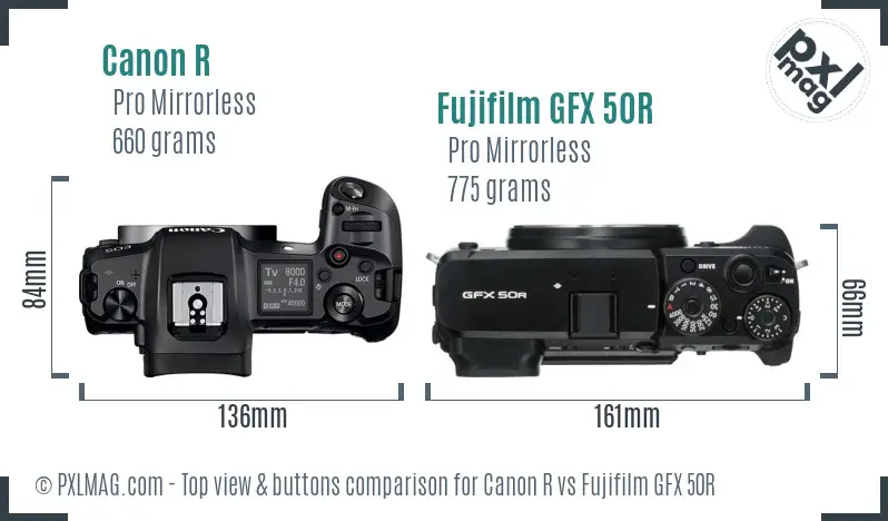 Canon R vs Fujifilm GFX 50R top view buttons comparison